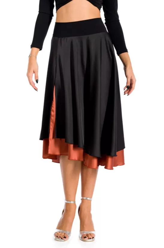 Black Satin Two-layered Dance Skirt With Orange Base