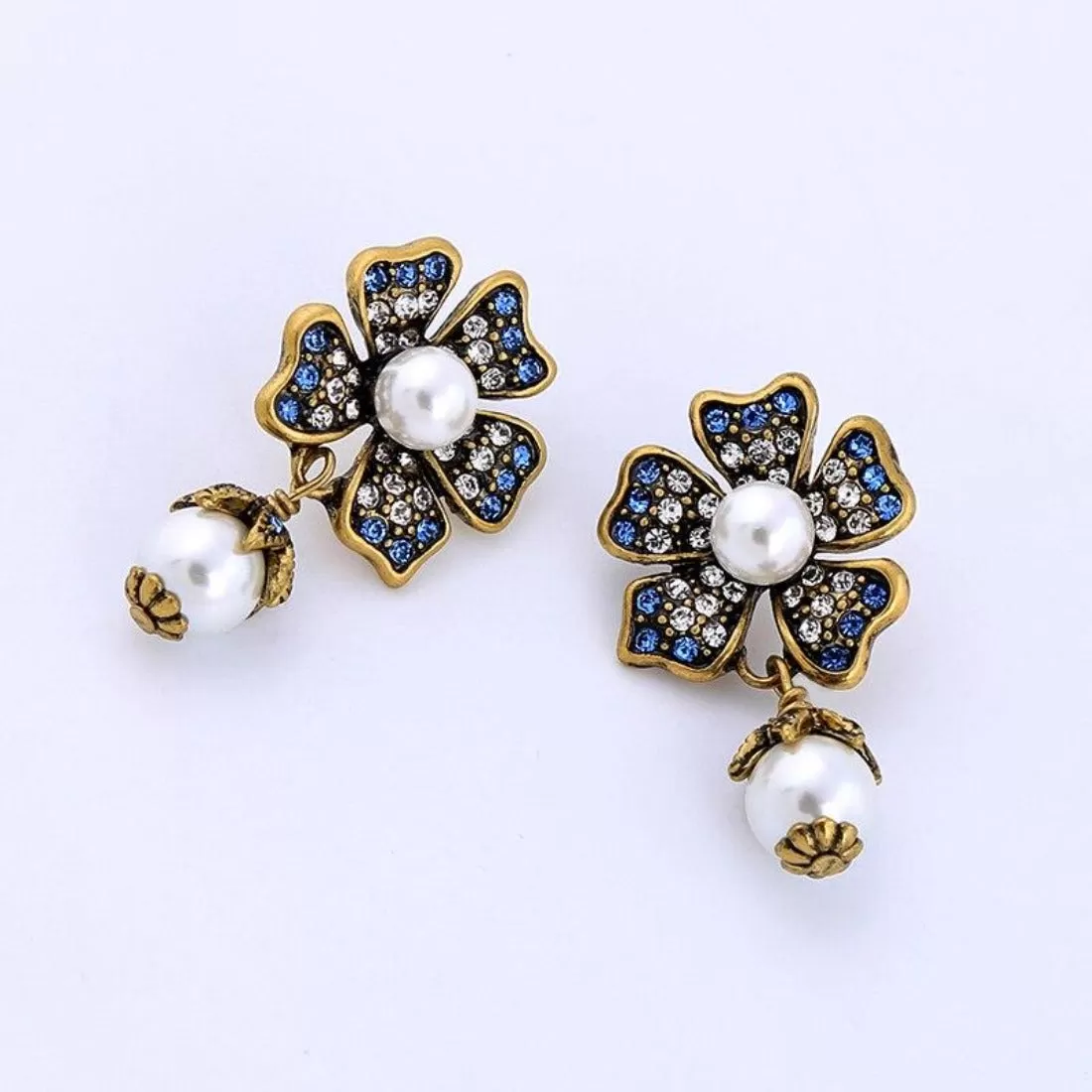 Blue Crystal Flower Dangle Drop Earrings