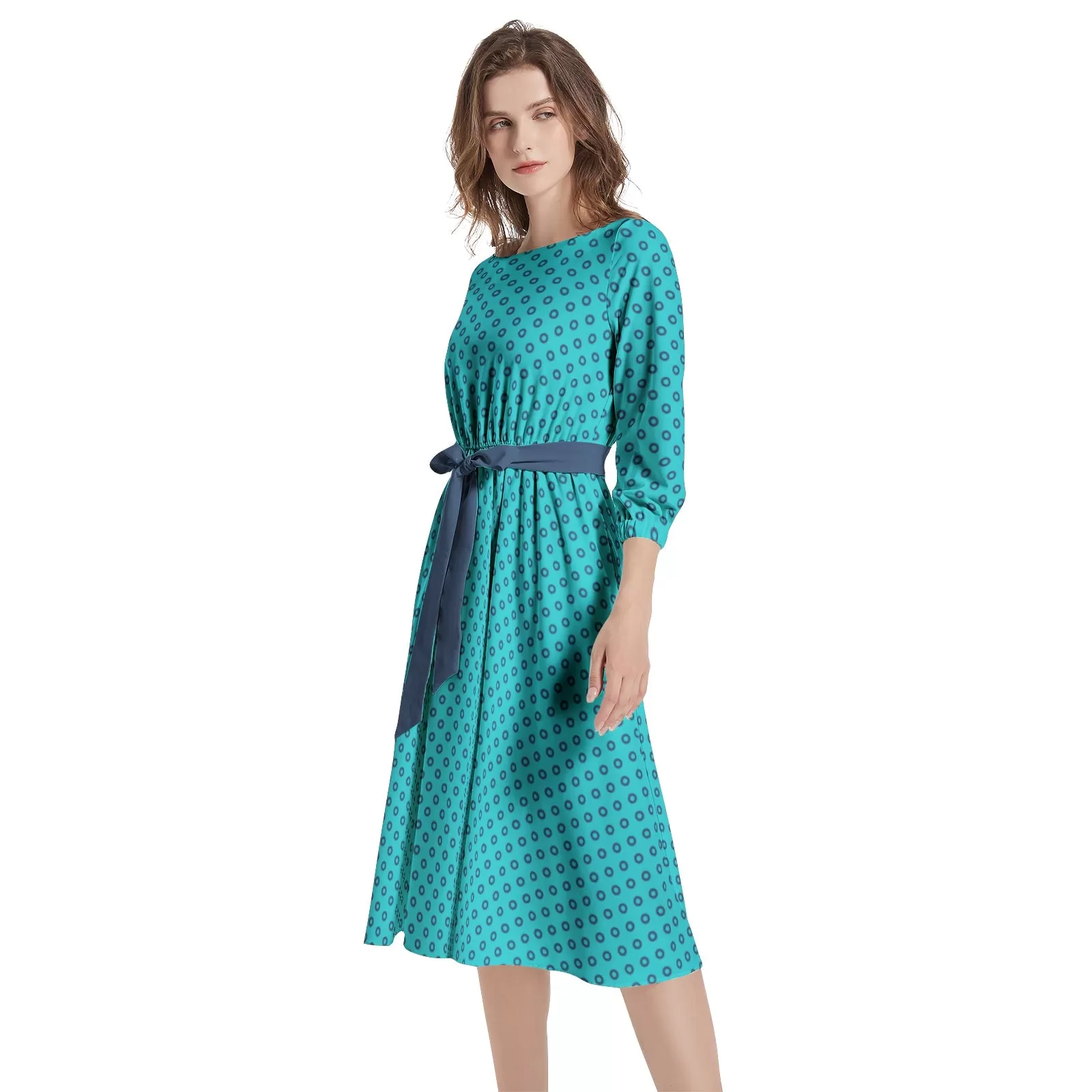 Boat Neck Belted Flared Dress