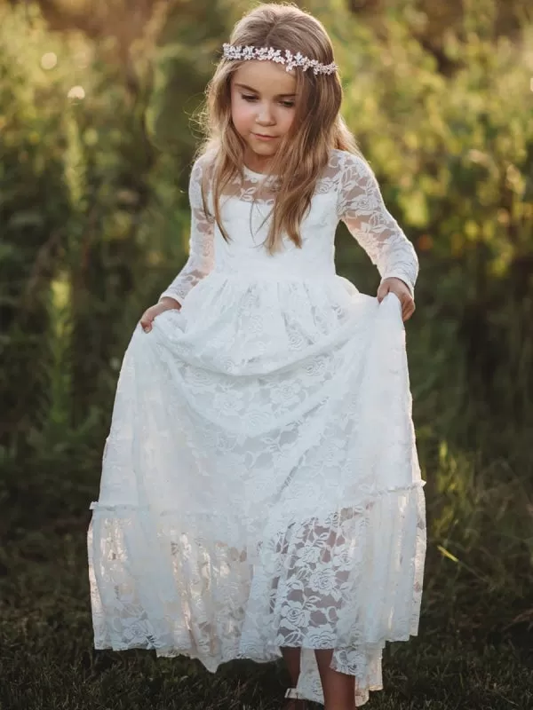 Boho Long Sleeves Lace Kids Social Party Dresses Flower Girl Dresses Jewel Neck