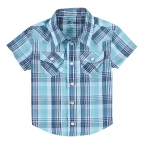 Boy's Wrangler Teal Plaid Western Snap Short Sleeve Shirt