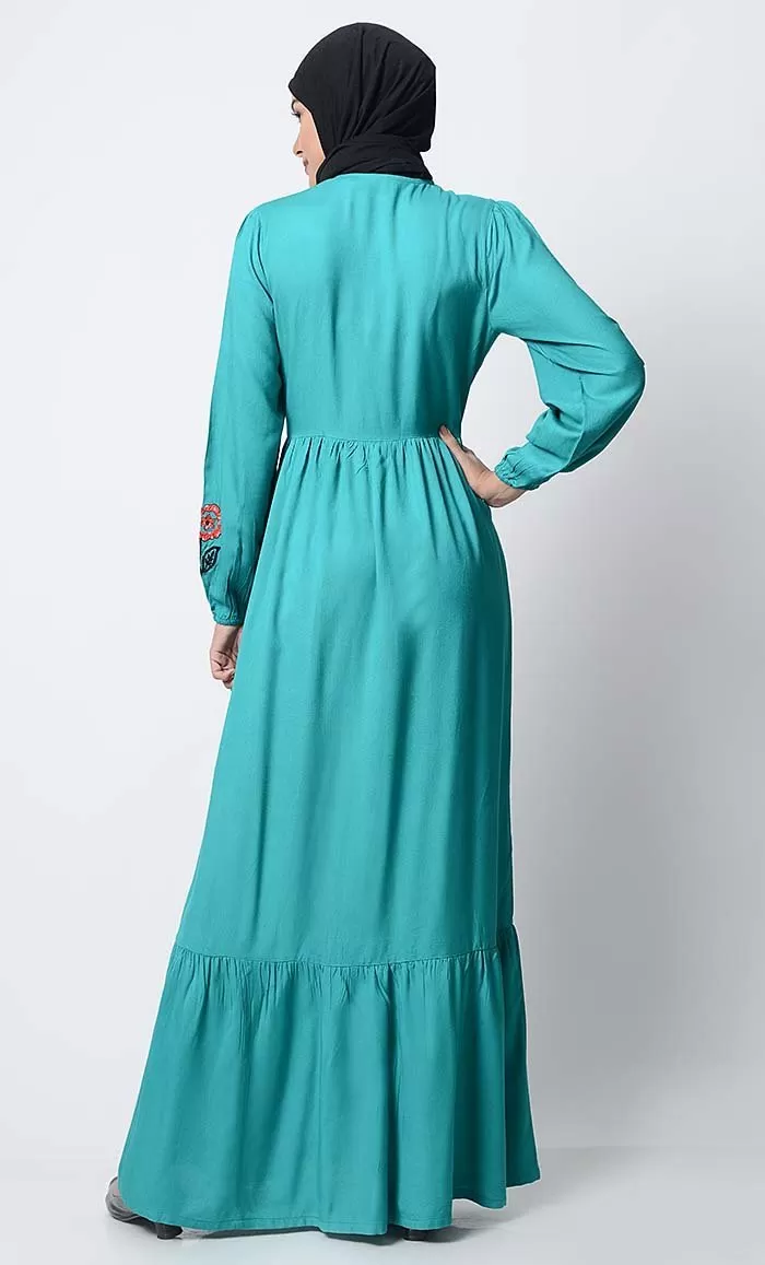 Bright Floral Embroidered Front Open Abaya