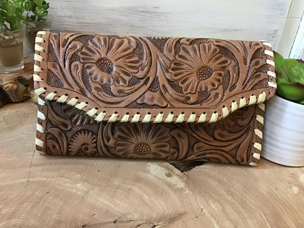 Buckstitched Tooled Leather Wallet