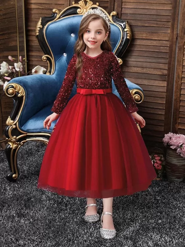 Burgundy Kids Social Party Dresses V-Neck Tulle Long Sleeves Flower Girl Dresses