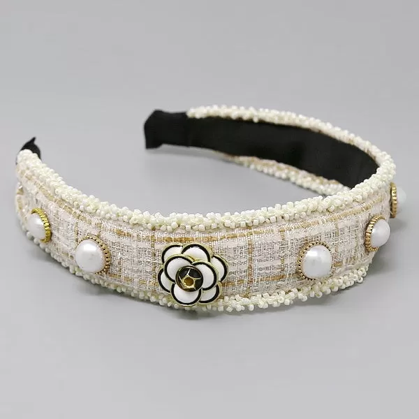 Camelia Flower And Pearl Embellished Tweed Headband