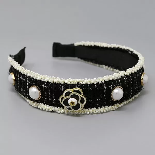 Camelia Flower And Pearl Embellished Tweed Headband