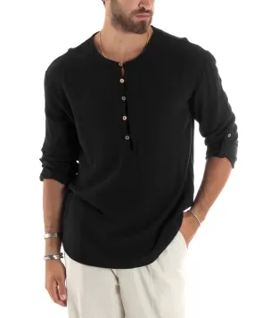 Camicia Maniche Lunghe Uomo Cotone Collo Serafino Scollo Rotondo Con Bottoncini Regular Fit Casual Nero GIOSAL-C2870A