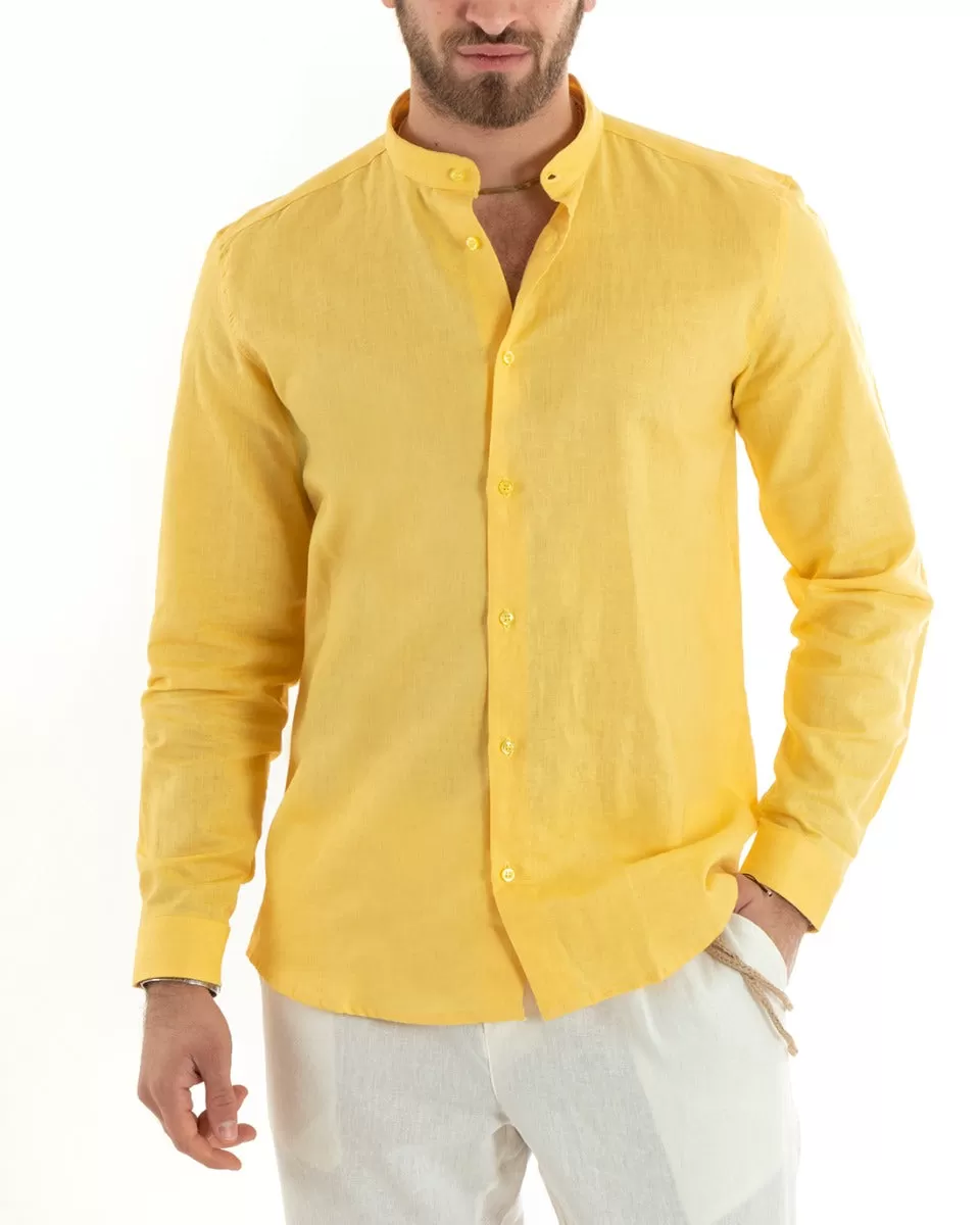 Camicia Uomo Collo Coreano Manica Lunga Lino Tinta Unita Sartoriale Giallo GIOSAL-C2676A