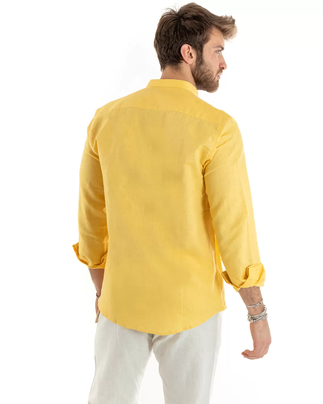 Camicia Uomo Collo Coreano Manica Lunga Lino Tinta Unita Sartoriale Giallo GIOSAL-C2676A