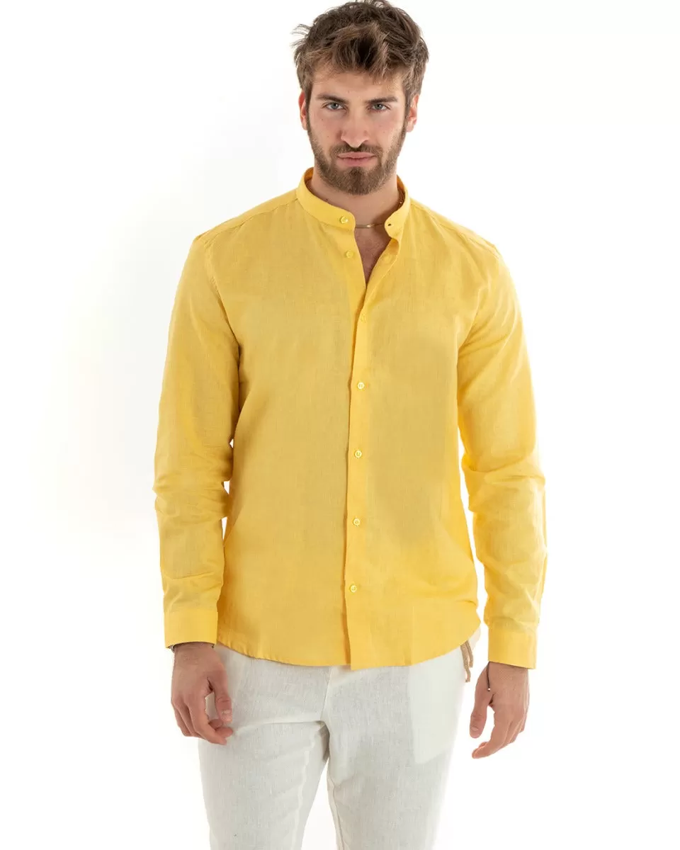 Camicia Uomo Collo Coreano Manica Lunga Lino Tinta Unita Sartoriale Giallo GIOSAL-C2676A