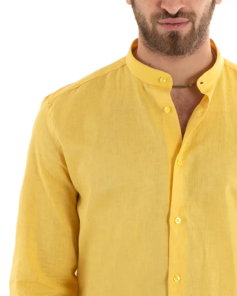 Camicia Uomo Collo Coreano Manica Lunga Lino Tinta Unita Sartoriale Giallo GIOSAL-C2676A