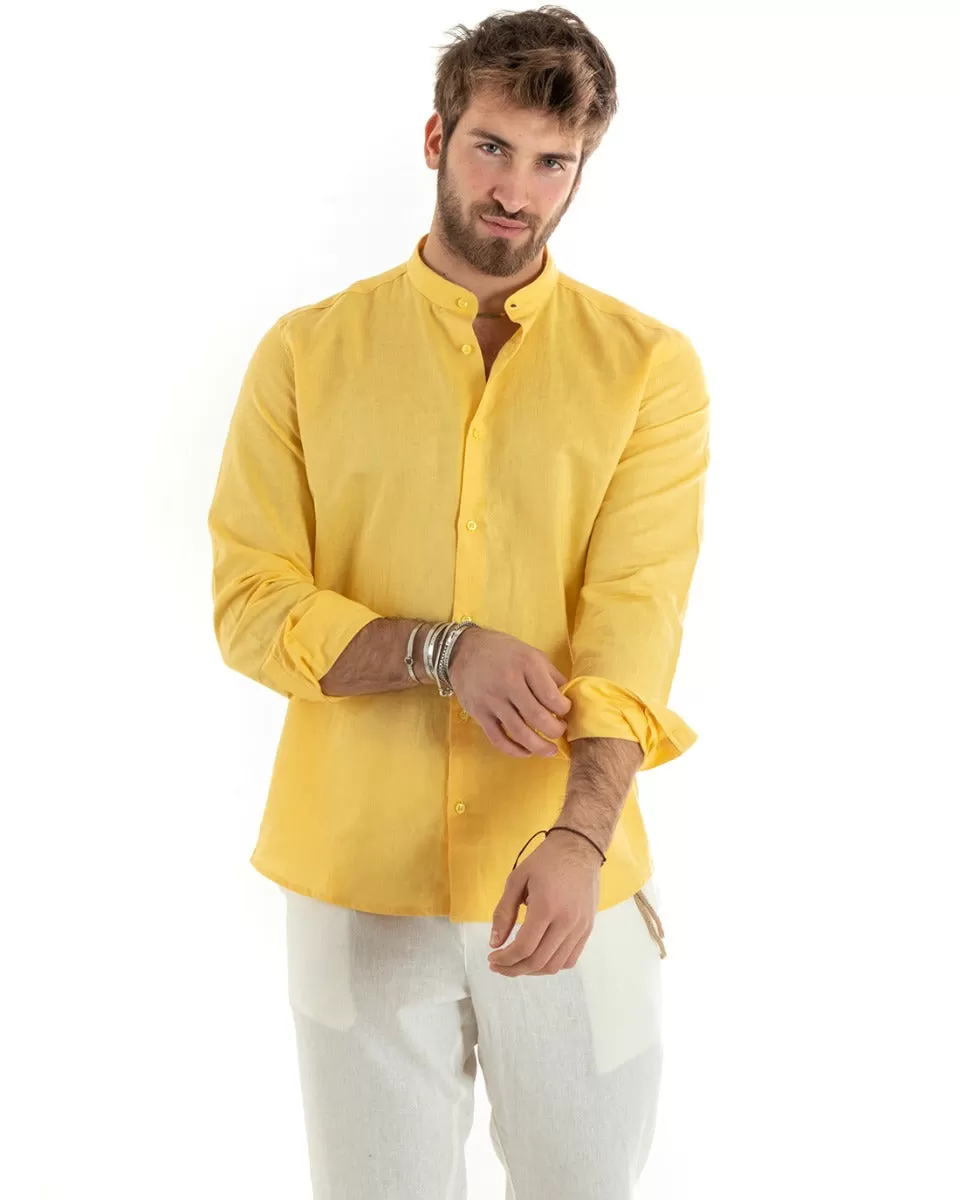 Camicia Uomo Collo Coreano Manica Lunga Lino Tinta Unita Sartoriale Giallo GIOSAL-C2676A