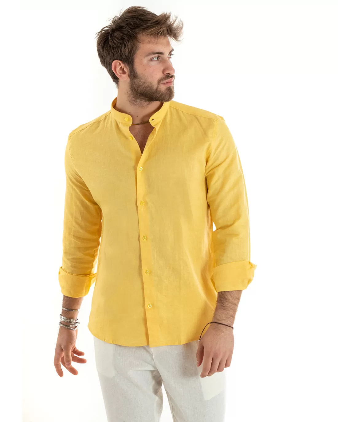 Camicia Uomo Collo Coreano Manica Lunga Lino Tinta Unita Sartoriale Giallo GIOSAL-C2676A