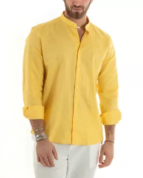 Camicia Uomo Collo Coreano Manica Lunga Lino Tinta Unita Sartoriale Giallo GIOSAL-C2676A