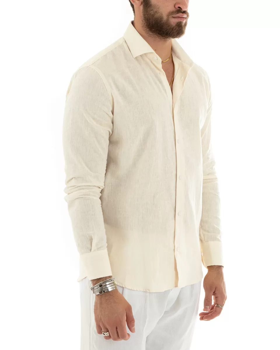 Camicia Uomo Con Colletto Francese Manica Lunga Lino Melangiata Sartoriale Beige GIOSAL-C2682A