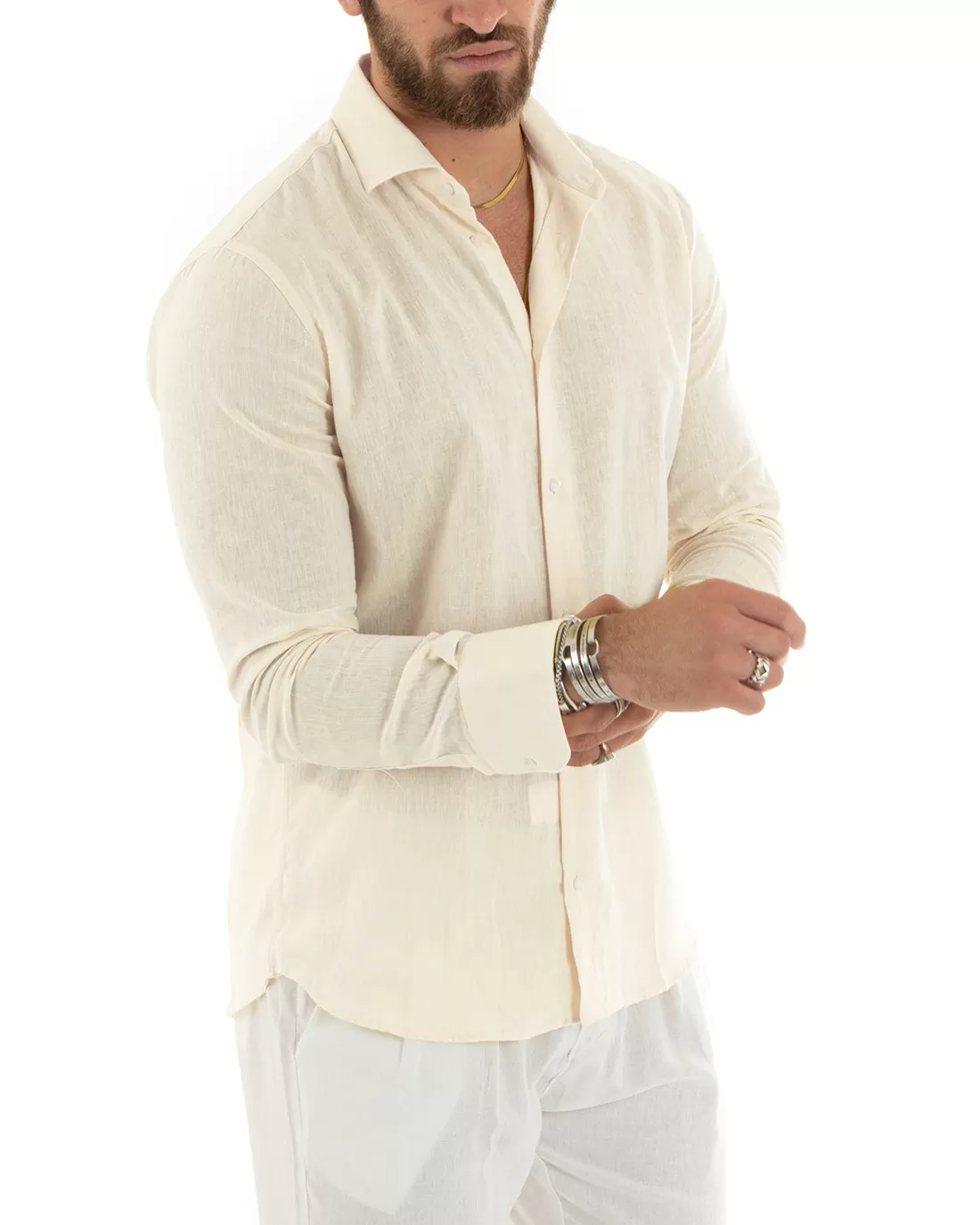 Camicia Uomo Con Colletto Francese Manica Lunga Lino Melangiata Sartoriale Beige GIOSAL-C2682A