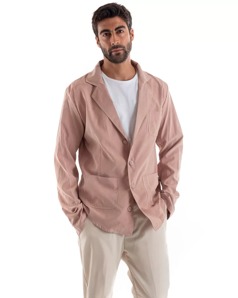 Camicia Uomo Con Colletto Giacca Sahariana Manica Lunga Cotone Rosa GIOSAL-C2459A