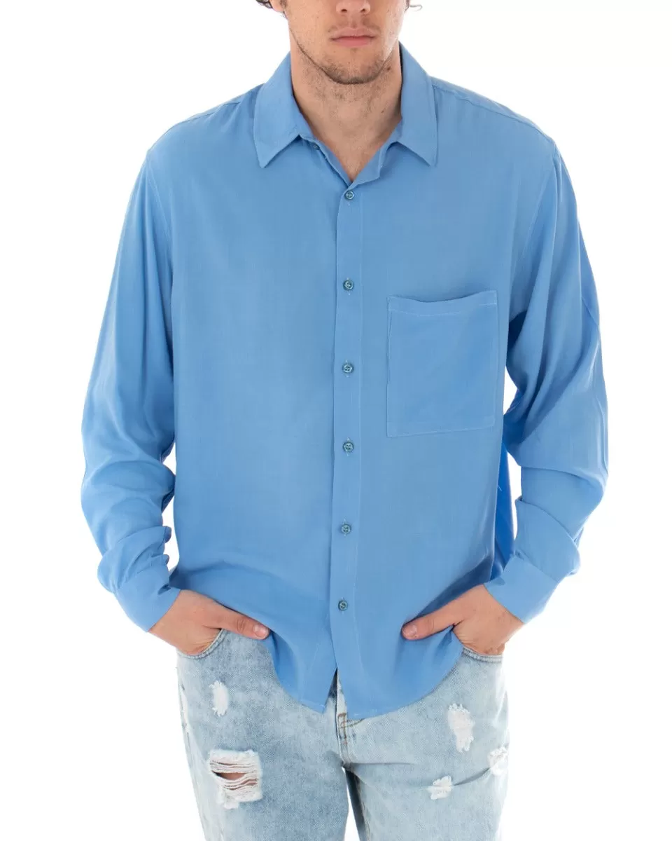 Camicia Uomo Con Colletto Manica Lunga Viscosa Azzurro Oversize Tinta Unita GIOSAL-C1911A