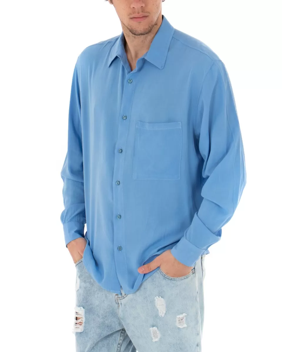 Camicia Uomo Con Colletto Manica Lunga Viscosa Azzurro Oversize Tinta Unita GIOSAL-C1911A