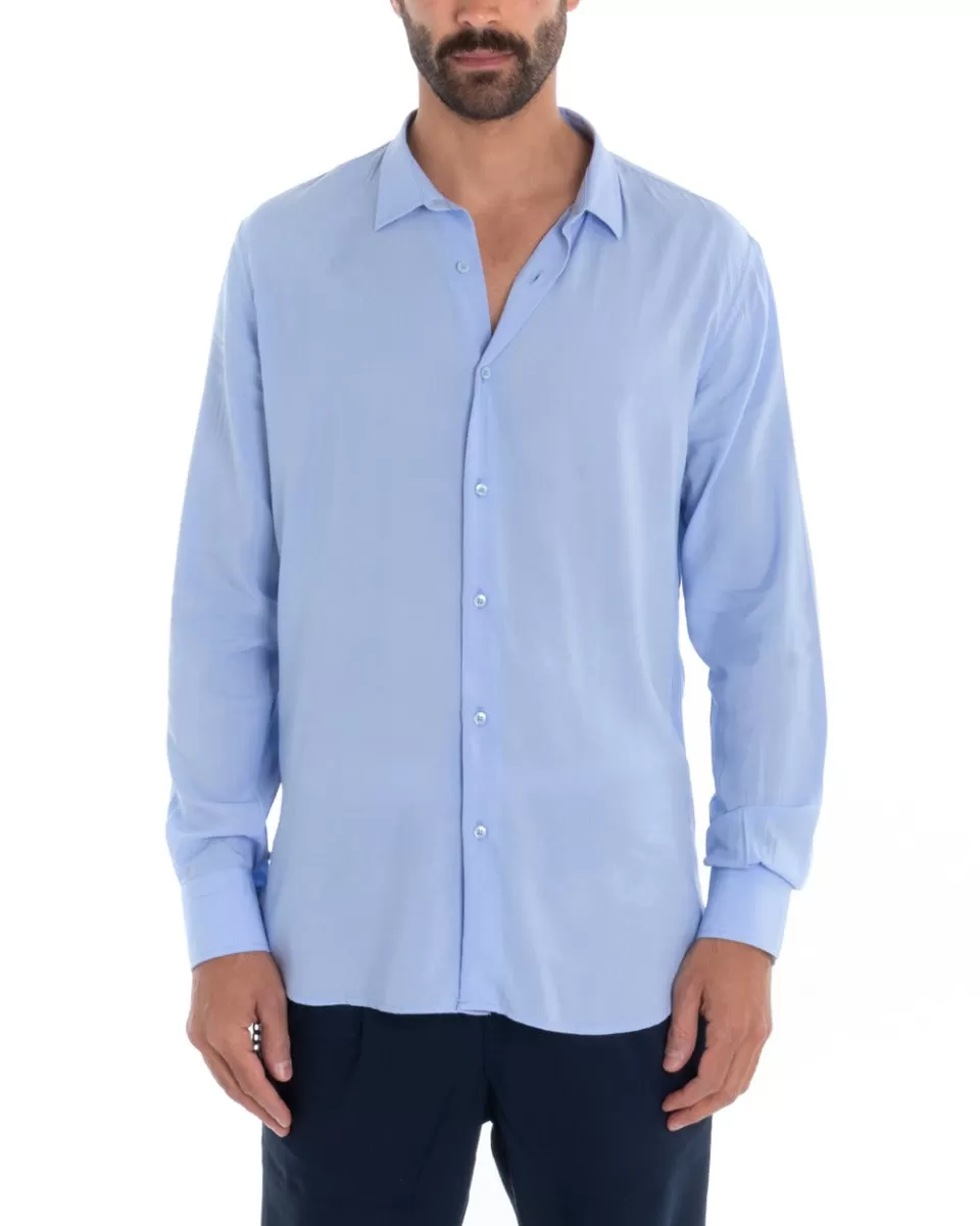 Camicia Uomo Sartoriale Con Colletto Manica Lunga Basic Viscosa Morbida Celeste GIOSAL-C2359A