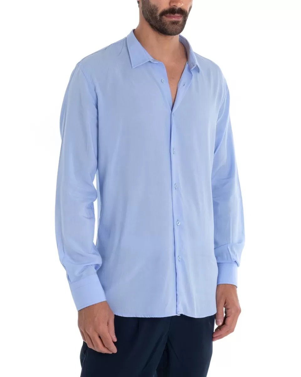 Camicia Uomo Sartoriale Con Colletto Manica Lunga Basic Viscosa Morbida Celeste GIOSAL-C2359A