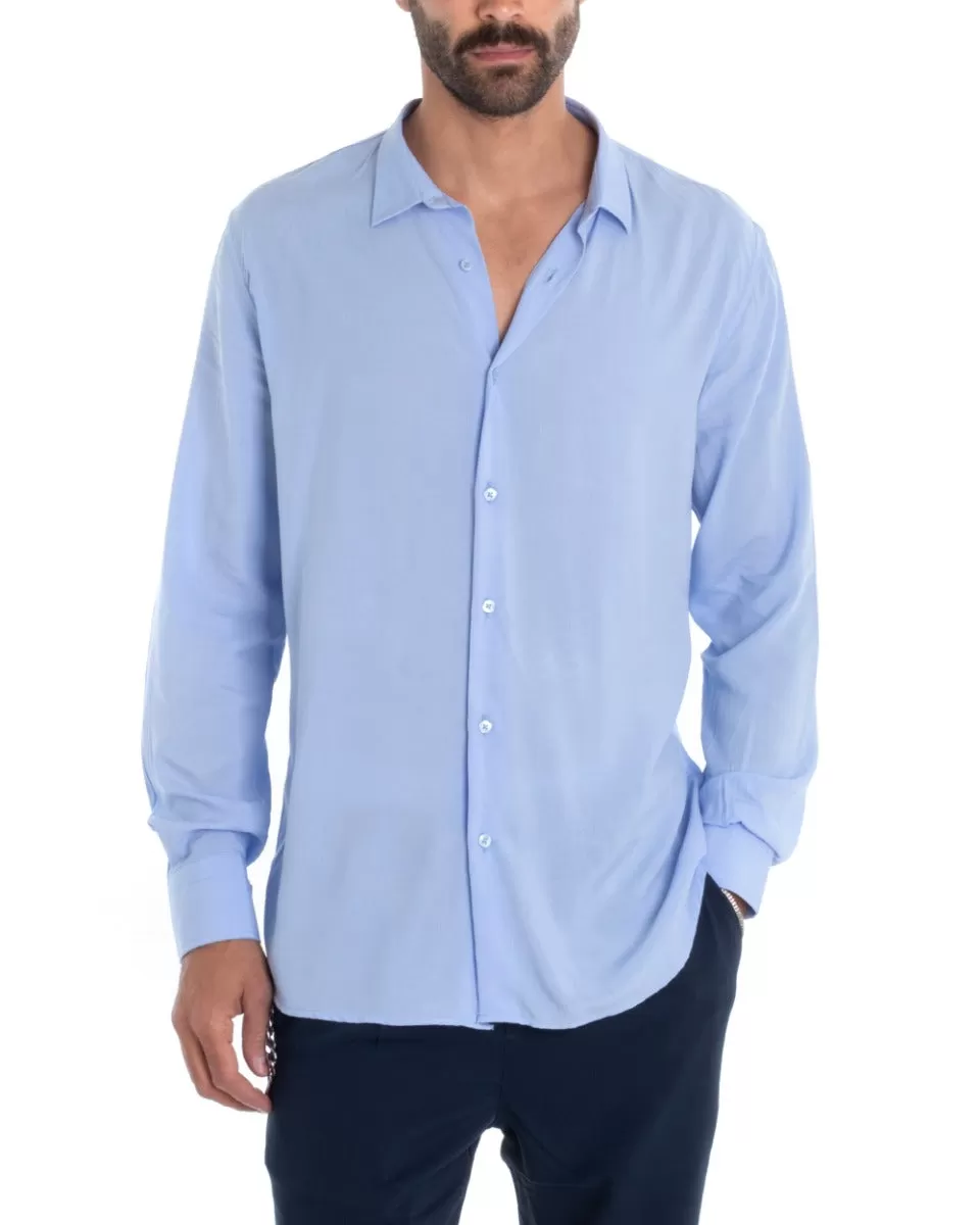 Camicia Uomo Sartoriale Con Colletto Manica Lunga Basic Viscosa Morbida Celeste GIOSAL-C2359A