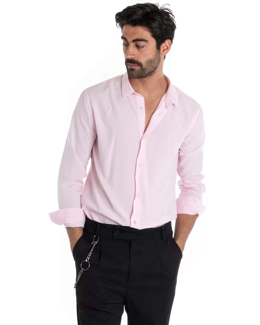 Camicia Uomo Sartoriale Con Colletto Manica Lunga Basic Viscosa Morbida Rosa GIOSAL-C2363A