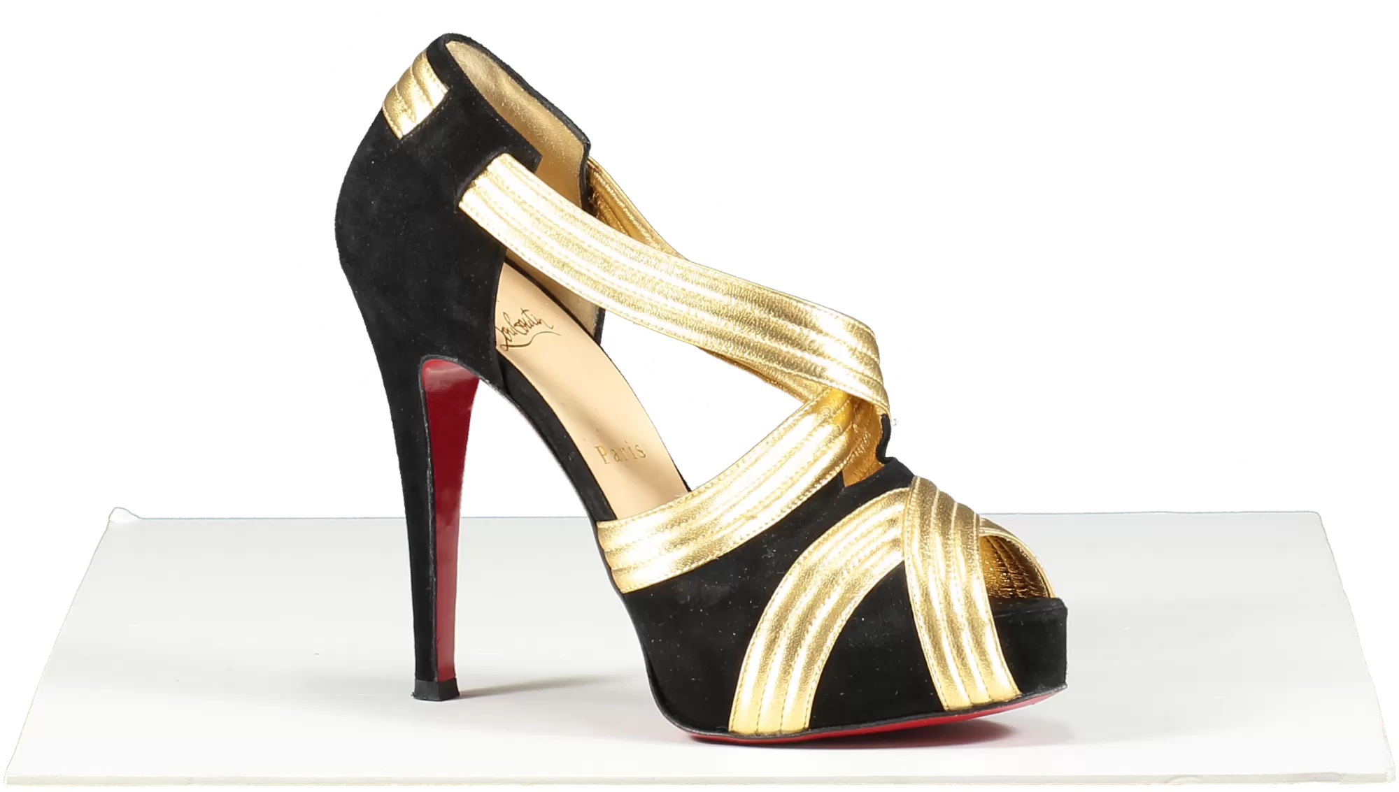 Christian Louboutin Black / Gold Suede And Leather Cross Front Platform Peep Toe Pumps UK 3.5 EU 36.5 👠