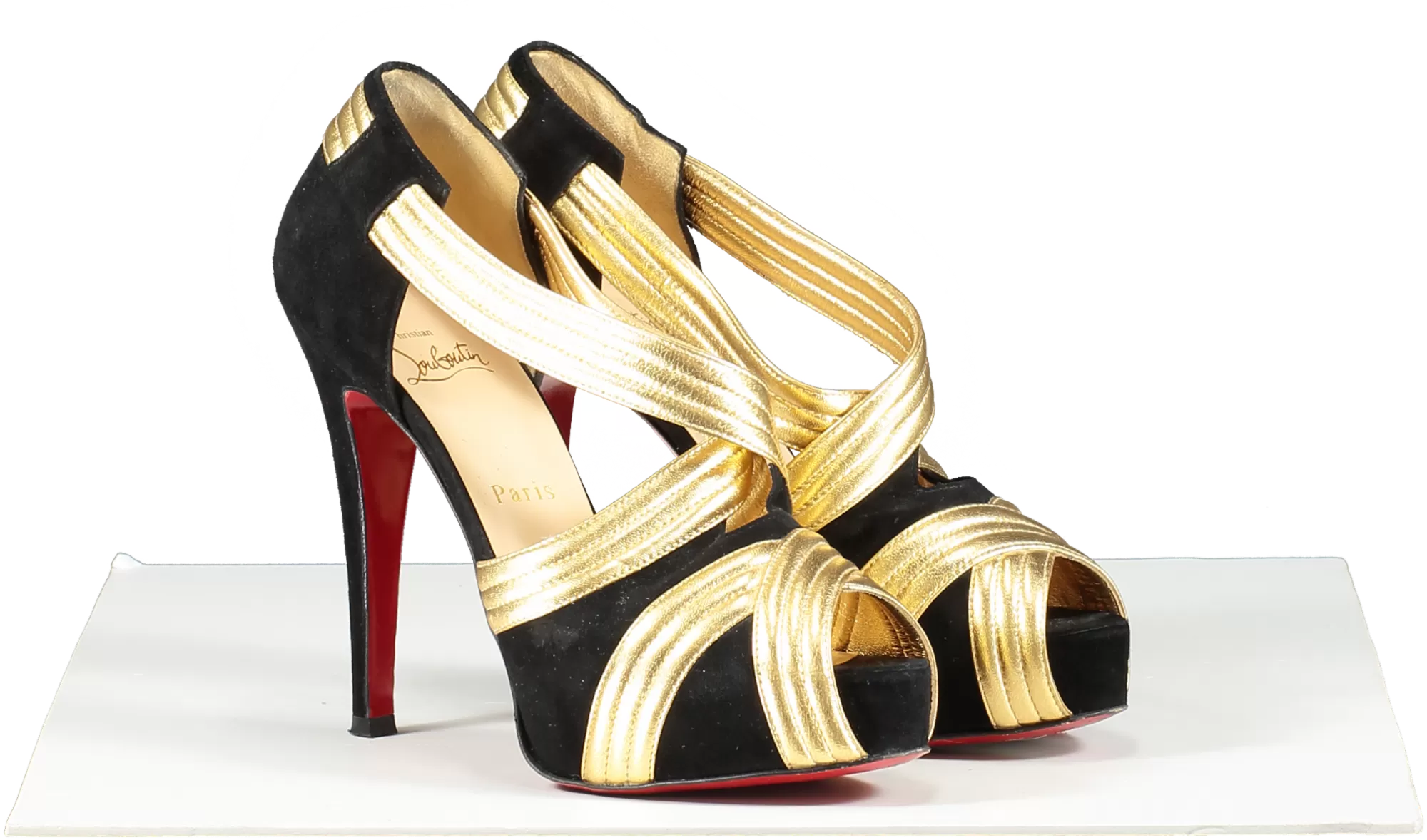 Christian Louboutin Black / Gold Suede And Leather Cross Front Platform Peep Toe Pumps UK 3.5 EU 36.5 👠