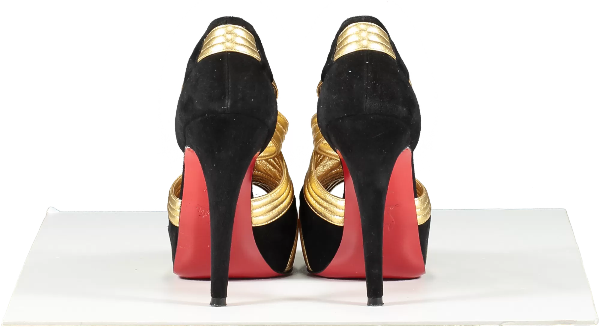 Christian Louboutin Black / Gold Suede And Leather Cross Front Platform Peep Toe Pumps UK 3.5 EU 36.5 👠