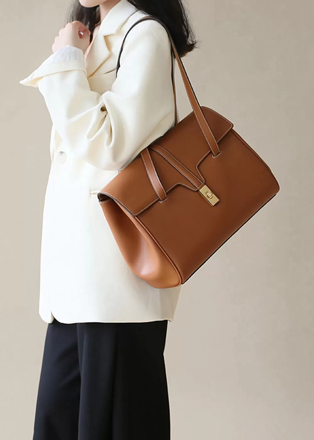 Clara Turnlock Flap Leather Tote Bag