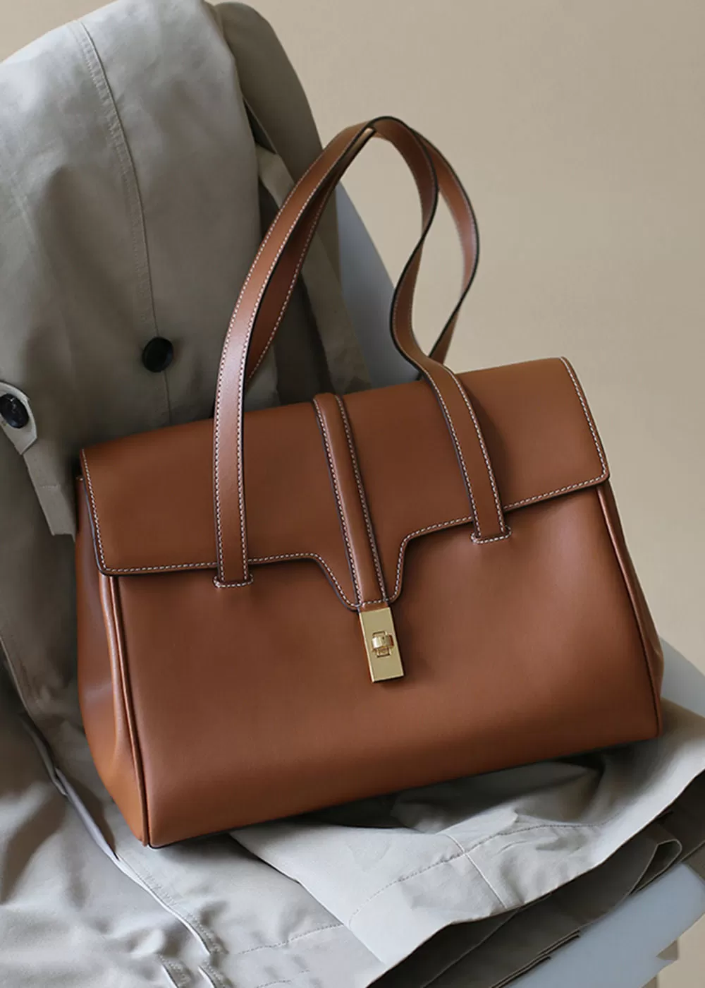 Clara Turnlock Flap Leather Tote Bag