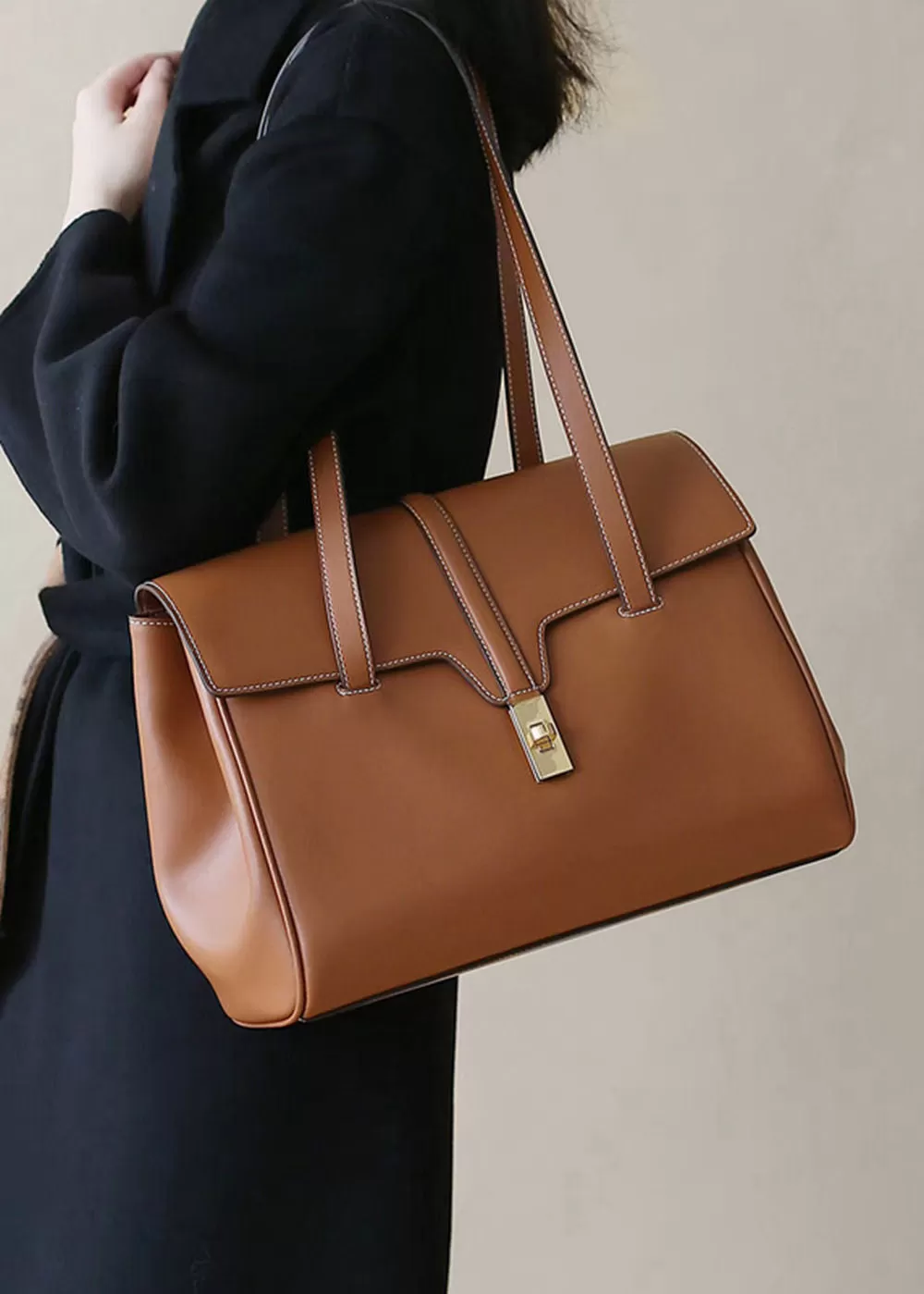 Clara Turnlock Flap Leather Tote Bag