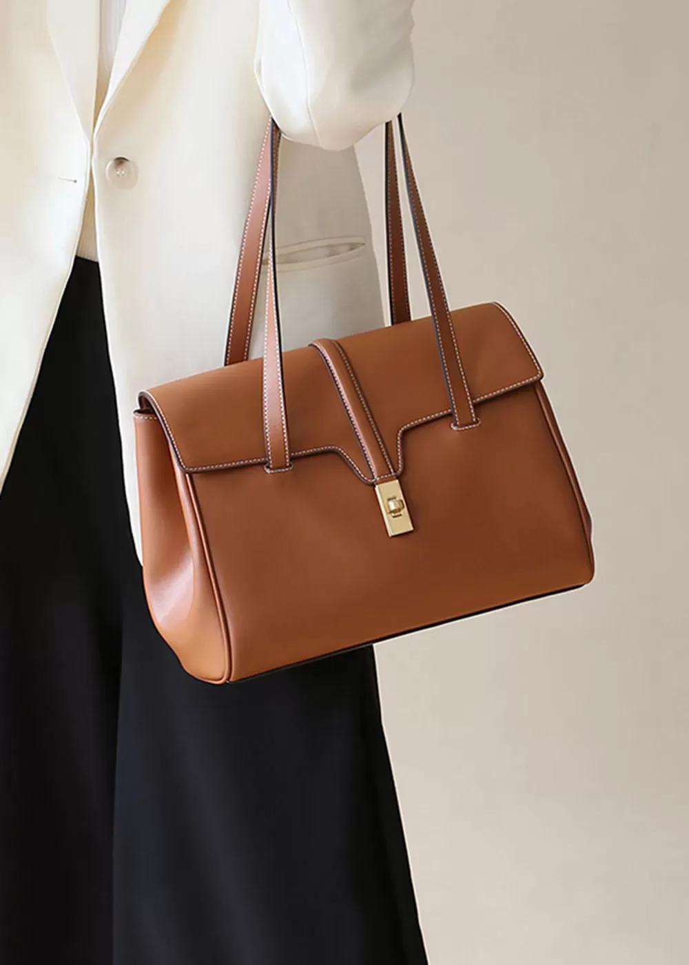 Clara Turnlock Flap Leather Tote Bag