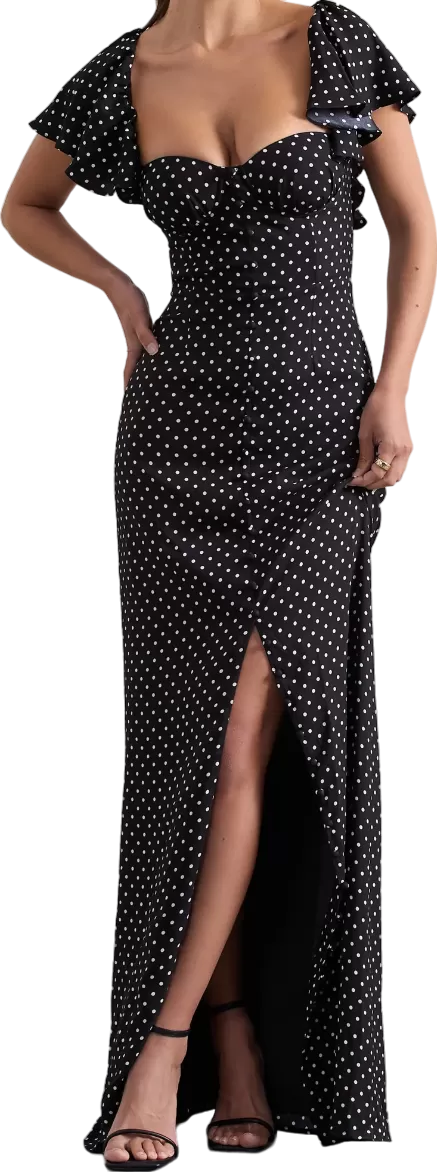 Club L Signorina Black Polka Dot Buttoned Maxi Dress With Flounced Short Sleeves BNWT UK 6