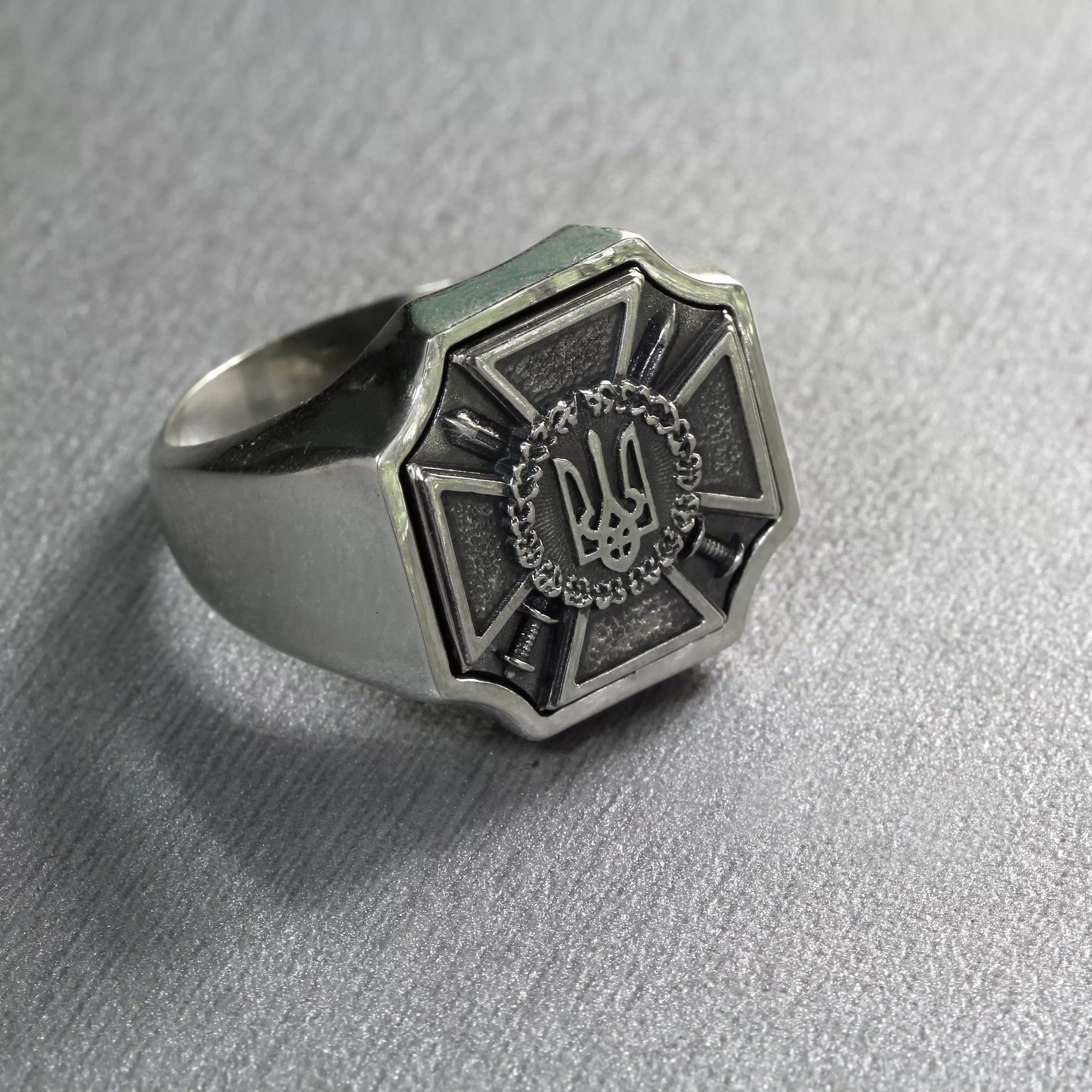 Coat of Arms Swords and Cross Armed Forces and Security Service of Ukraine Mens Ring Silver 925