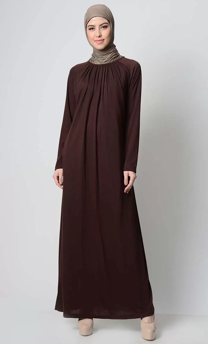 Coffee Raglan With Neck Pleats Viscose Abaya