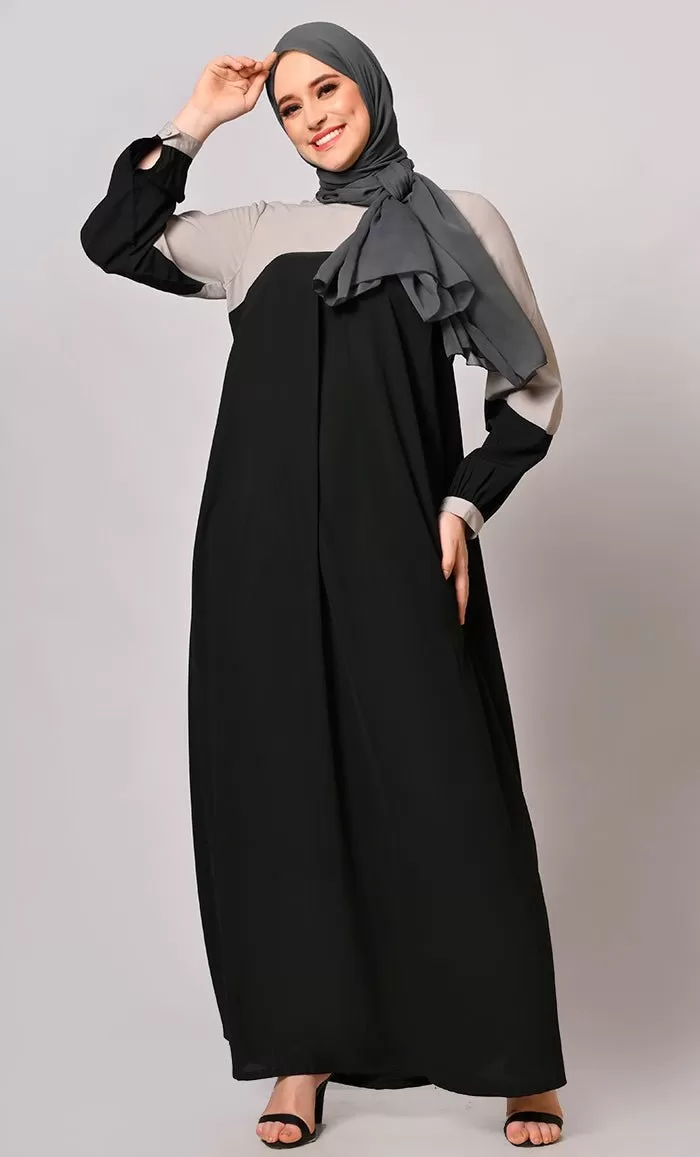 Contemporary Classics: Black Abaya  with Grey Yoke and Pockets - Final Sale