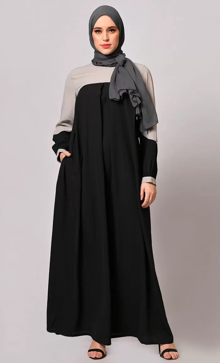 Contemporary Classics: Black Abaya  with Grey Yoke and Pockets - Final Sale