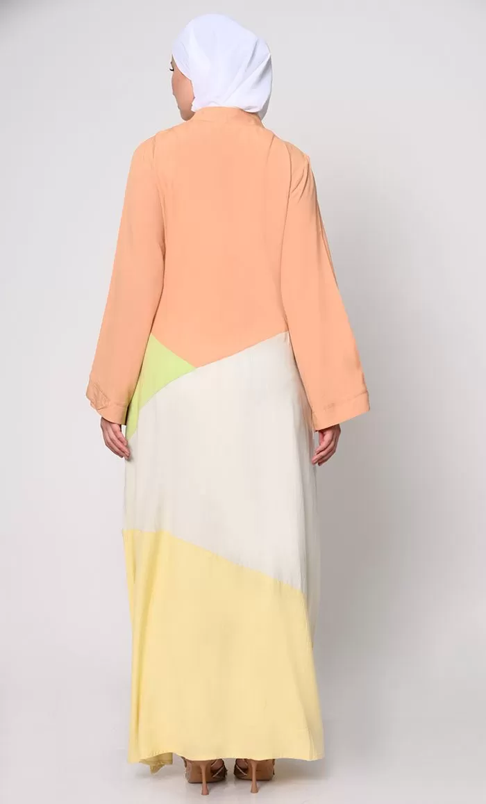 Contemporary Elegance: Abaya with Pastel Color-Blocking Panels and Practical Pockets