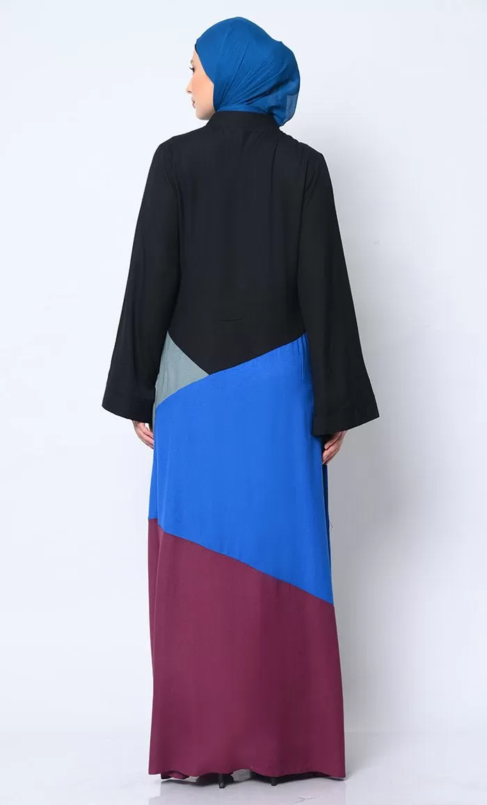 Contemporary Elegance: Abaya with Striking Color-Blocking Panels and Practical Pockets