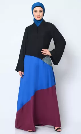 Contemporary Elegance: Abaya with Striking Color-Blocking Panels and Practical Pockets