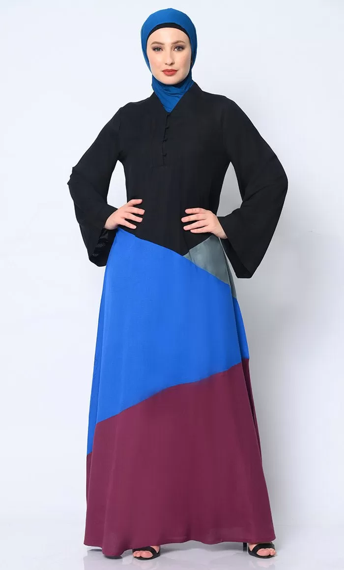 Contemporary Elegance: Abaya with Striking Color-Blocking Panels and Practical Pockets