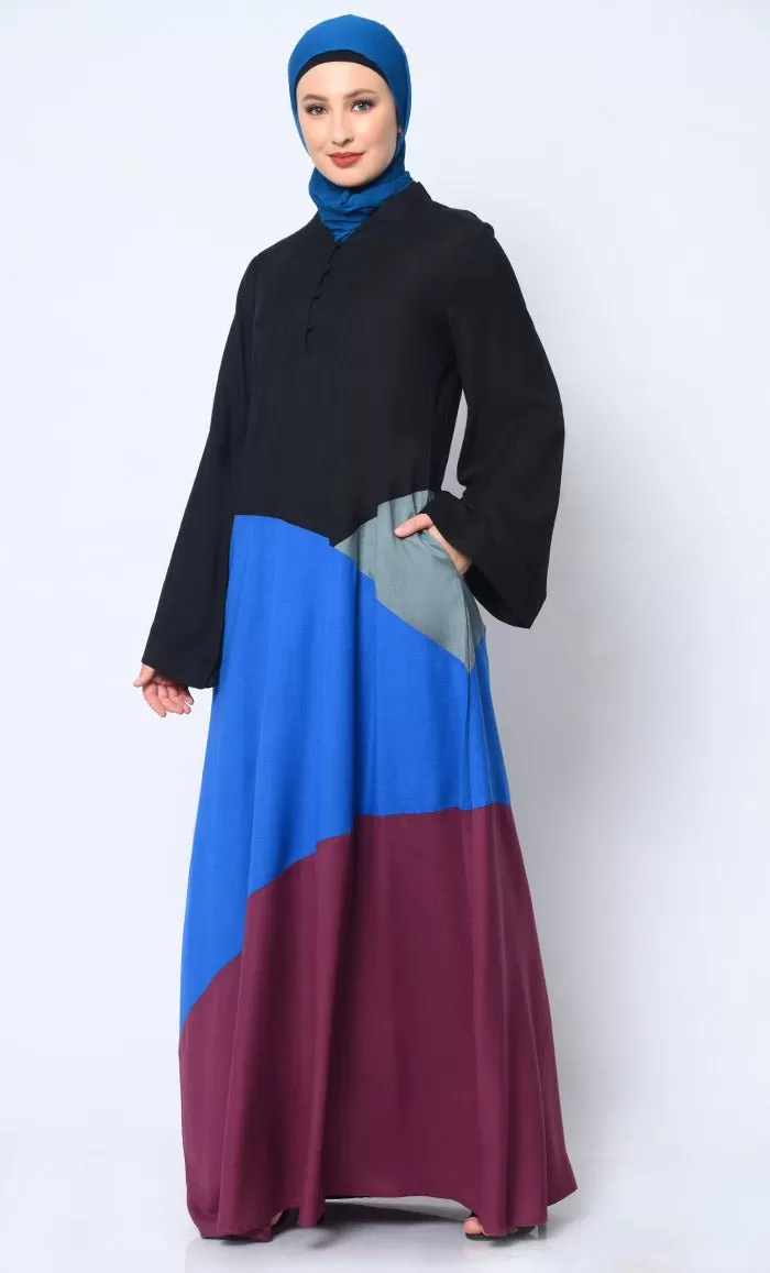 Contemporary Elegance: Abaya with Striking Color-Blocking Panels and Practical Pockets