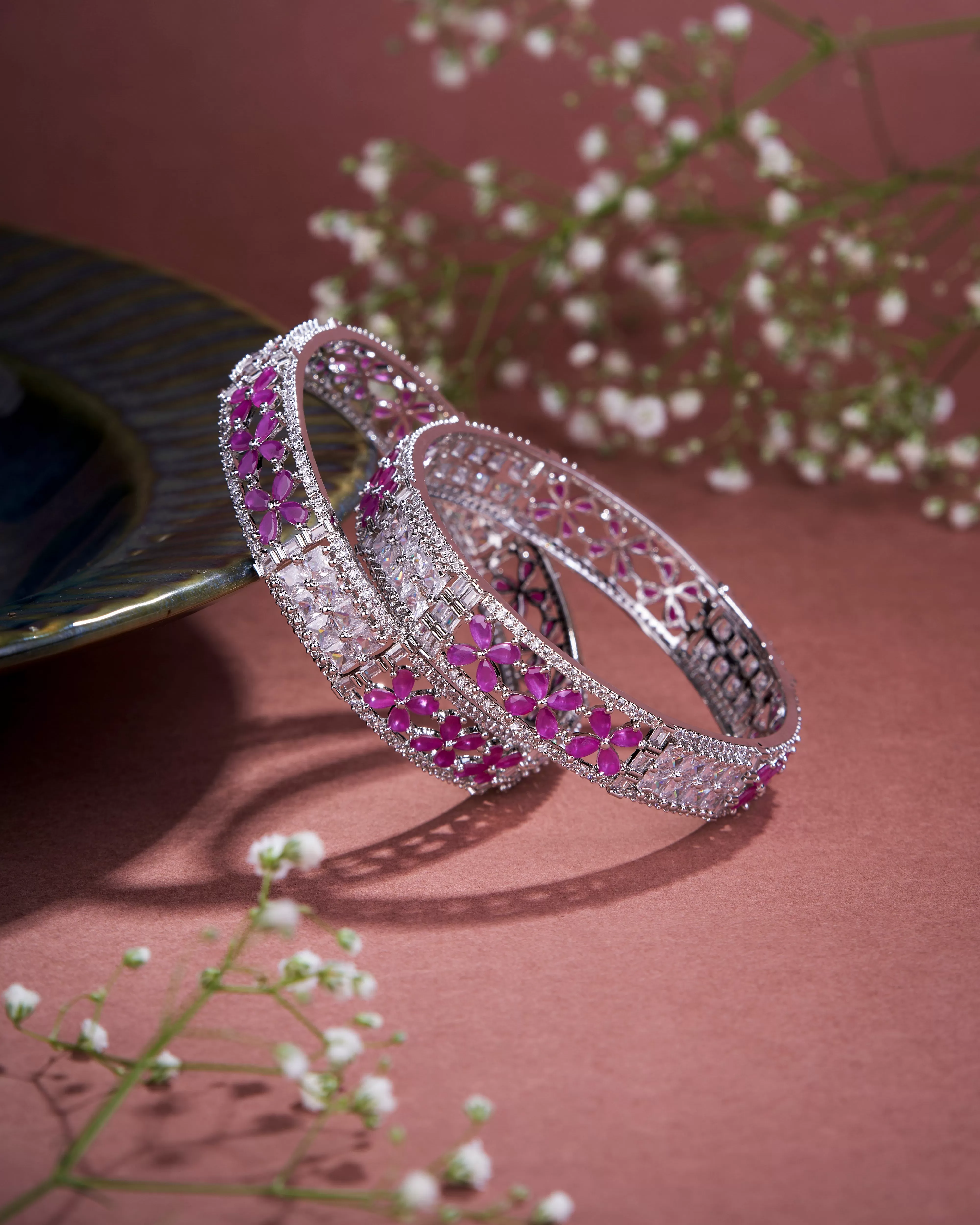 Crimson Flower Rhodium Bangles (Pack of 2)