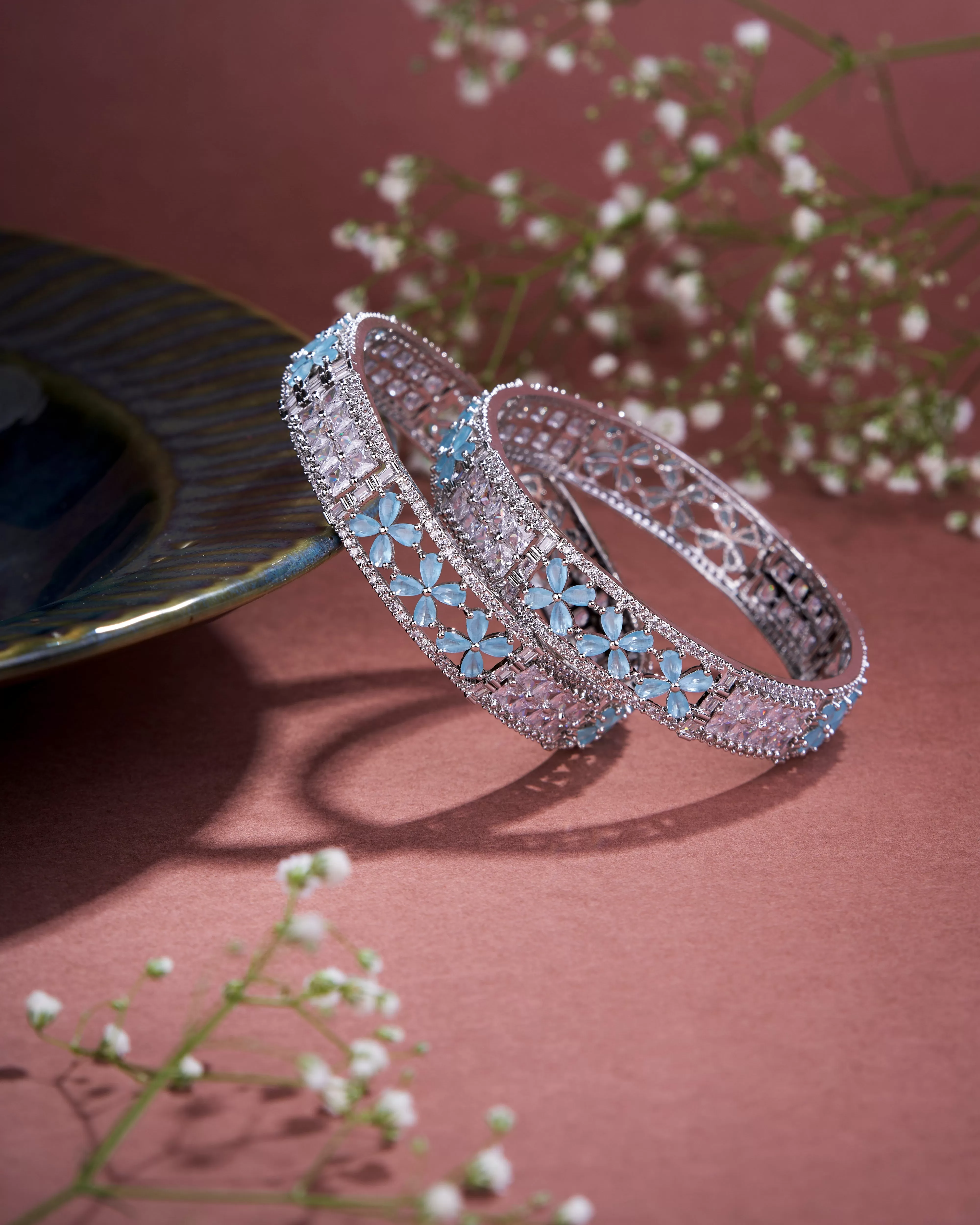 Crimson Flower Rhodium Bangles (Pack of 2)