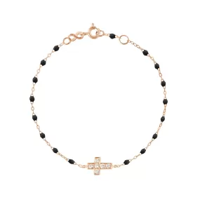 Cross Charm Classic Gigi Black diamond bracelet, Rose Gold, 6.7"