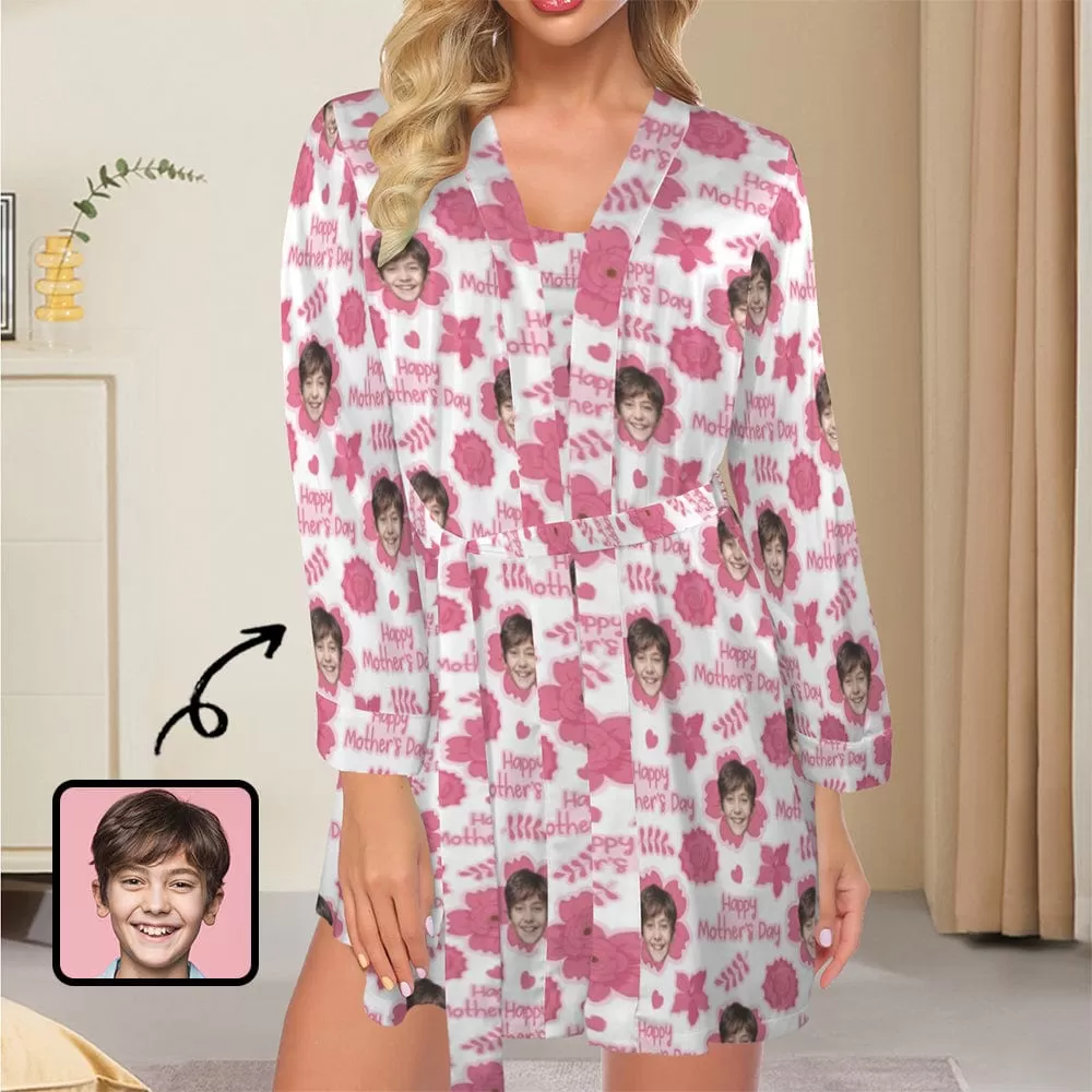 Custom Face Rose Red Pajama Set Happy Mother's Day Personalized Women's Pajama Robe&Camisole Sleep Dress