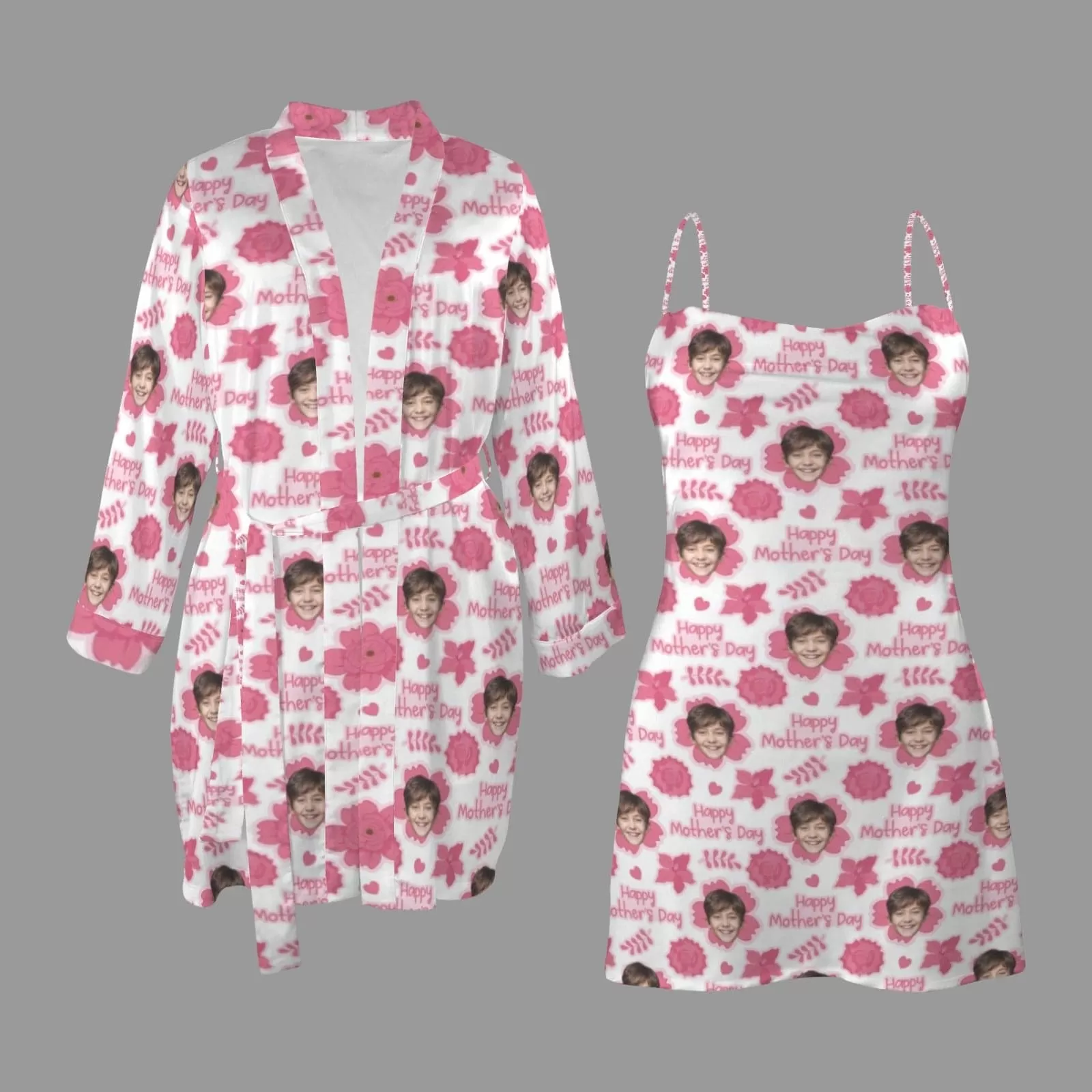 Custom Face Rose Red Pajama Set Happy Mother's Day Personalized Women's Pajama Robe&Camisole Sleep Dress