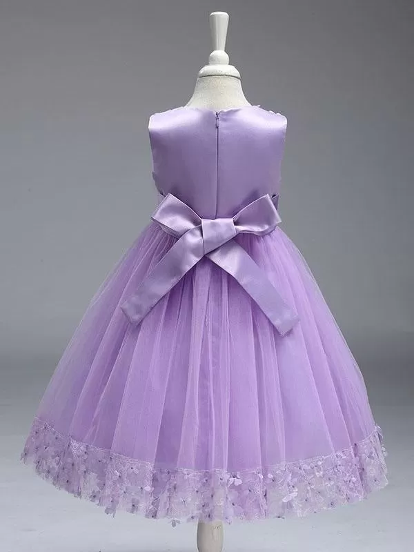 Cute Princess Flower Girl Dresses Lilac Purple Lace Tulle Ribbon Tutu Party Dress